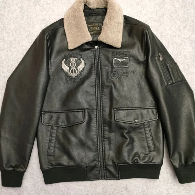 Custom Logo Pilot Flying Bomber Leather Jacket PU Coat with Warm Lining
