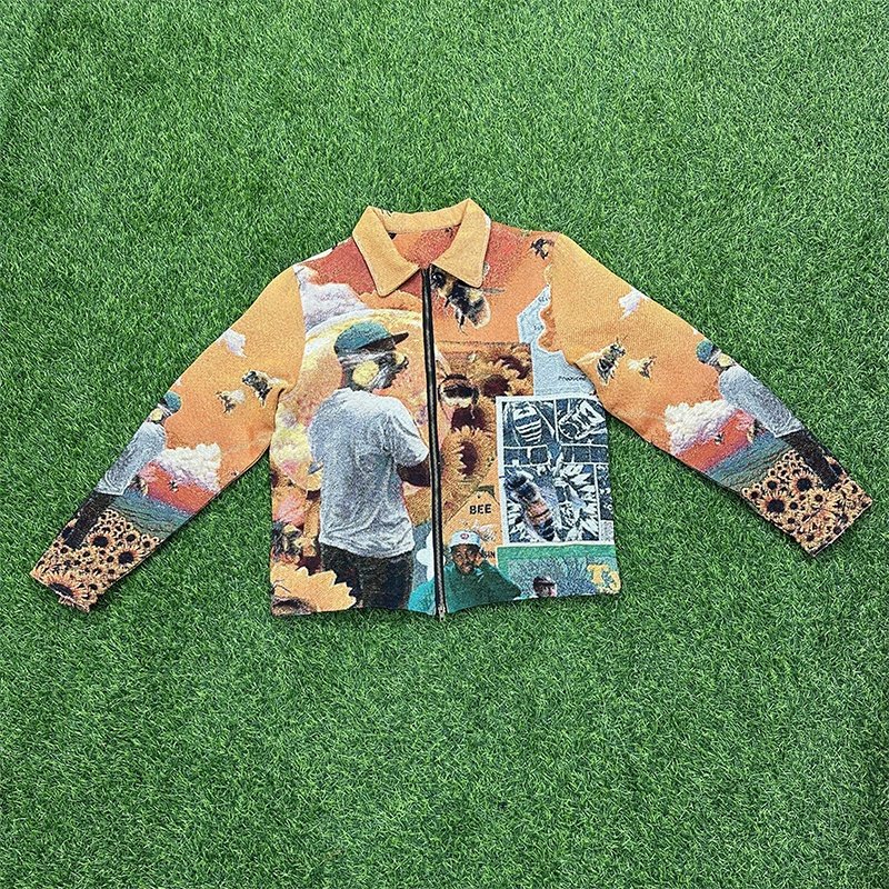 Men's Hip Hop Streetwear Zip-Up Tapestry Jacket Custom Quick SZA Clothing with Turn-Down Collar and Autumn Pattern custom