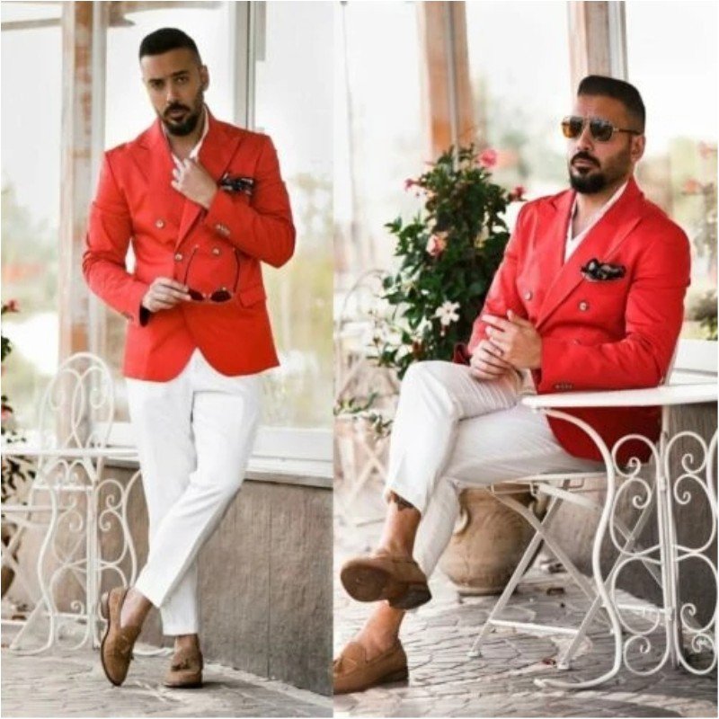 Fashion Top Lapel Double Breasted Red Jacket With White Pants Men Suit For Tuxedo Party Wedding Prom Slim Fit men's formal wear