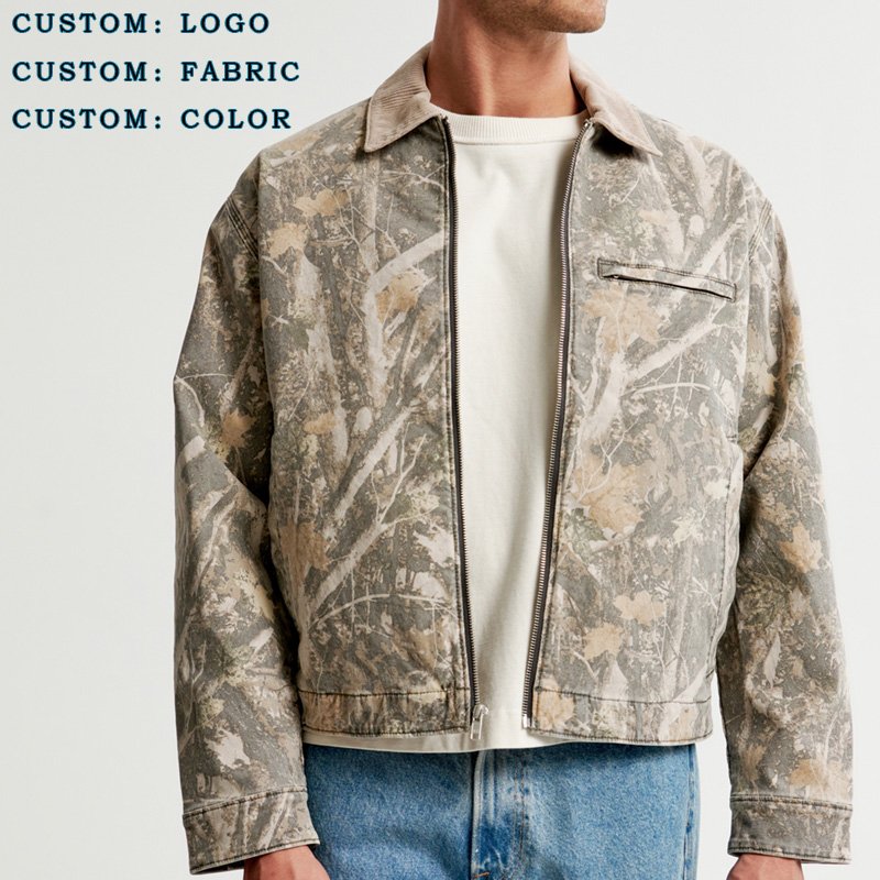 YUJIA OEM Custom Manufacturer custom 100% cotton reals tree high collar zip up hunting jacket Custom cotton men's jackets