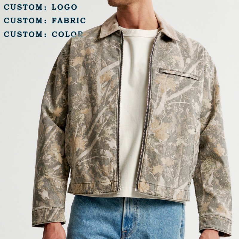 YUJIA OEM Custom Manufacturer custom 100% cotton reals tree high collar zip up hunting jacket Custom cotton men's jackets