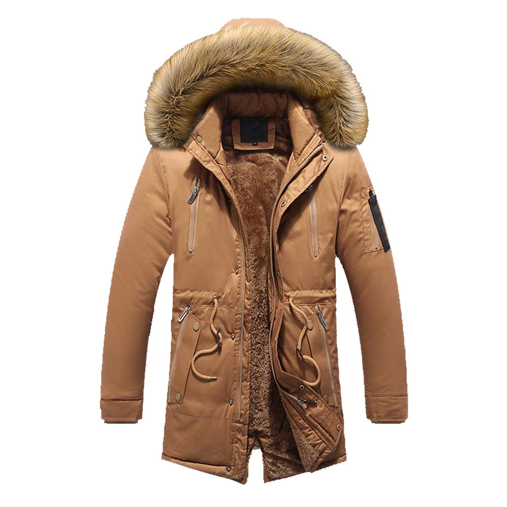 Winter Men's Thicken Long Fur Collar Jacket Windproof Hooded Warm Parka Multi-pockets Zipper Fleece Outdoor Overcoat Jacket