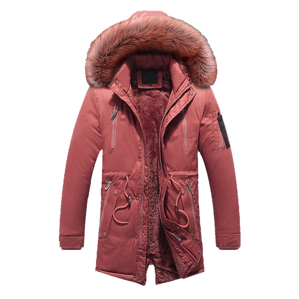 Winter Men's Thicken Long Fur Collar Jacket Windproof Hooded Warm Parka Multi-pockets Zipper Fleece Outdoor Overcoat Jacket