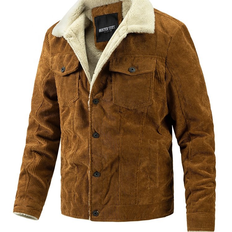 Winter Men's Jacket Retro Corduroy Casual Sherpa Collar Fleece Jackets Warm Trench Coat Button Bomber Jacket