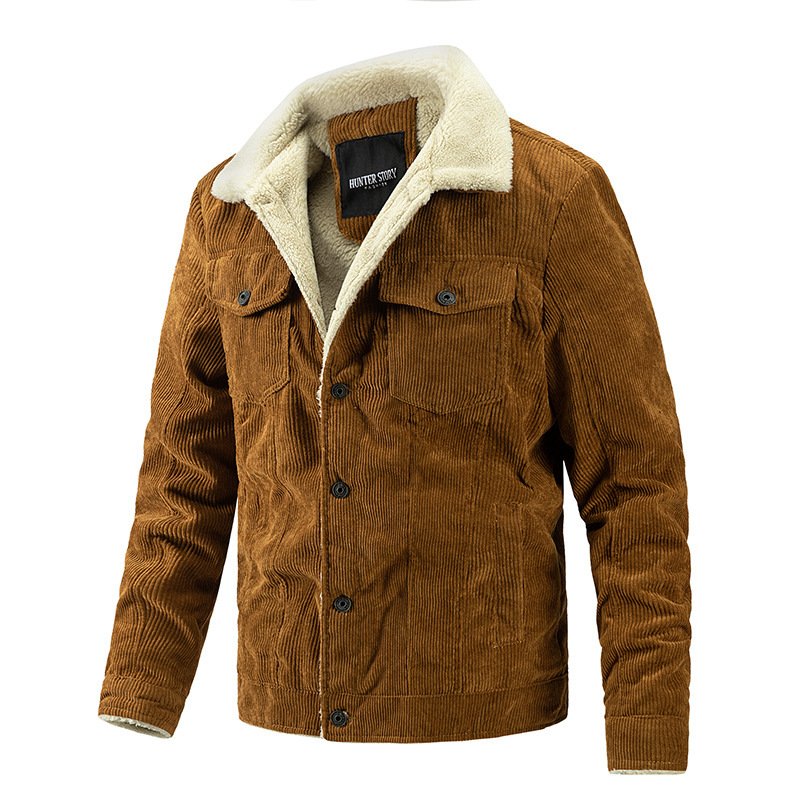 Winter Men's Jacket Retro Corduroy Casual Sherpa Collar Fleece Jackets Warm Trench Coat Button Bomber Jacket