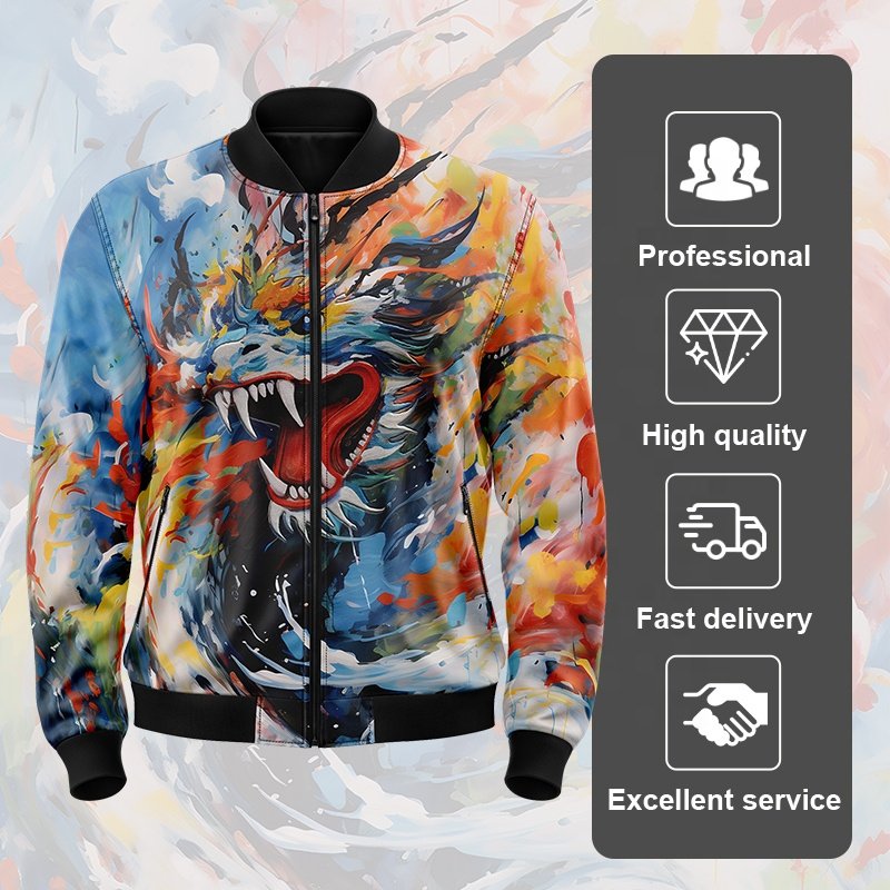 High quality men's jackets Custom sublimation Dragon Graffiti Print Long Sleeve Casual Jacket Men's fall zipper jacket