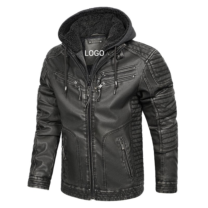 Free Customization Logo CARANFIER Men's Leather Jacket Hooded Fleece Lining Mens Winter Coat Shoulder Knot Faux Jacket for Male