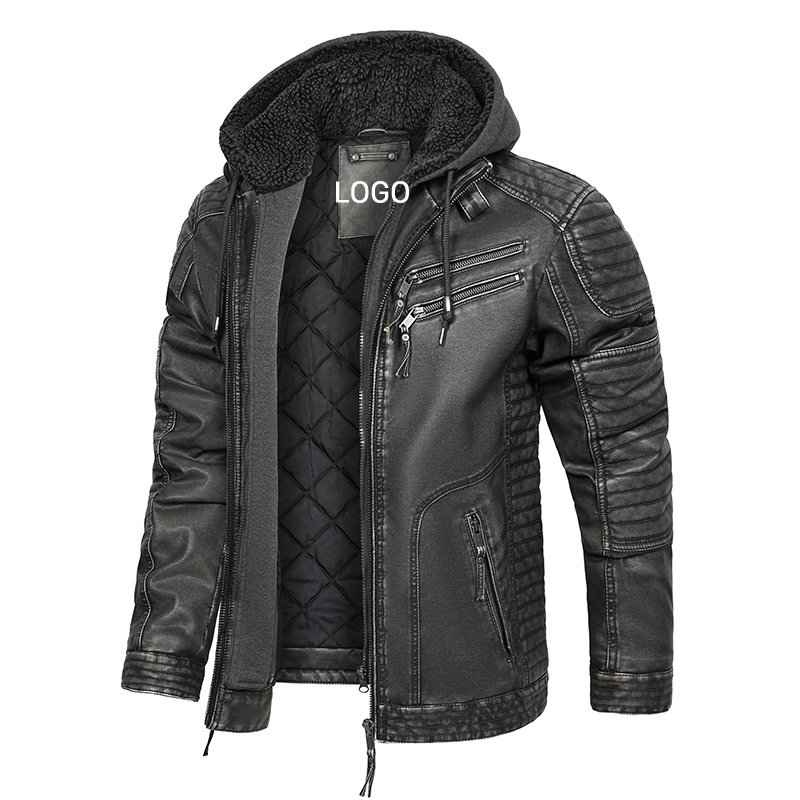 Free Customization Logo CARANFIER Men's Leather Jacket Hooded Fleece Lining Mens Winter Coat Shoulder Knot Faux Jacket for Male