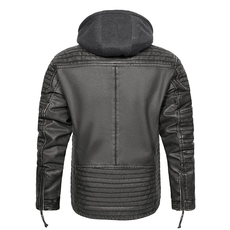 Free Customization Logo CARANFIER Men's Leather Jacket Hooded Fleece Lining Mens Winter Coat Shoulder Knot Faux Jacket for Male