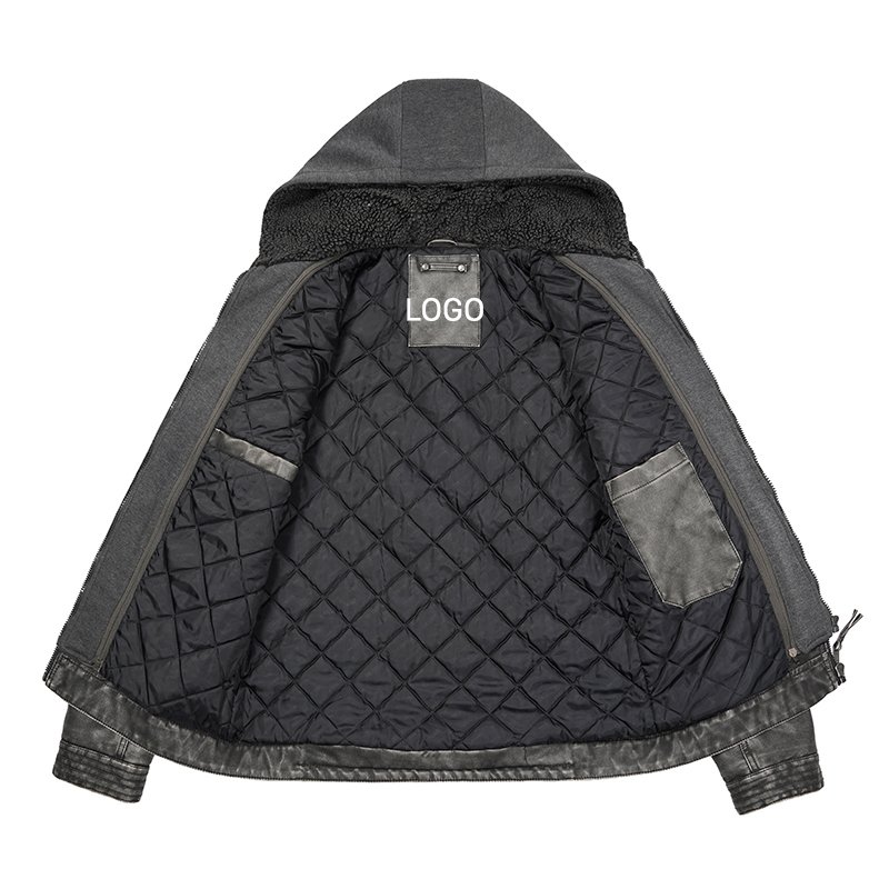 Free Customization Logo CARANFIER Men's Leather Jacket Hooded Fleece Lining Mens Winter Coat Shoulder Knot Faux Jacket for Male
