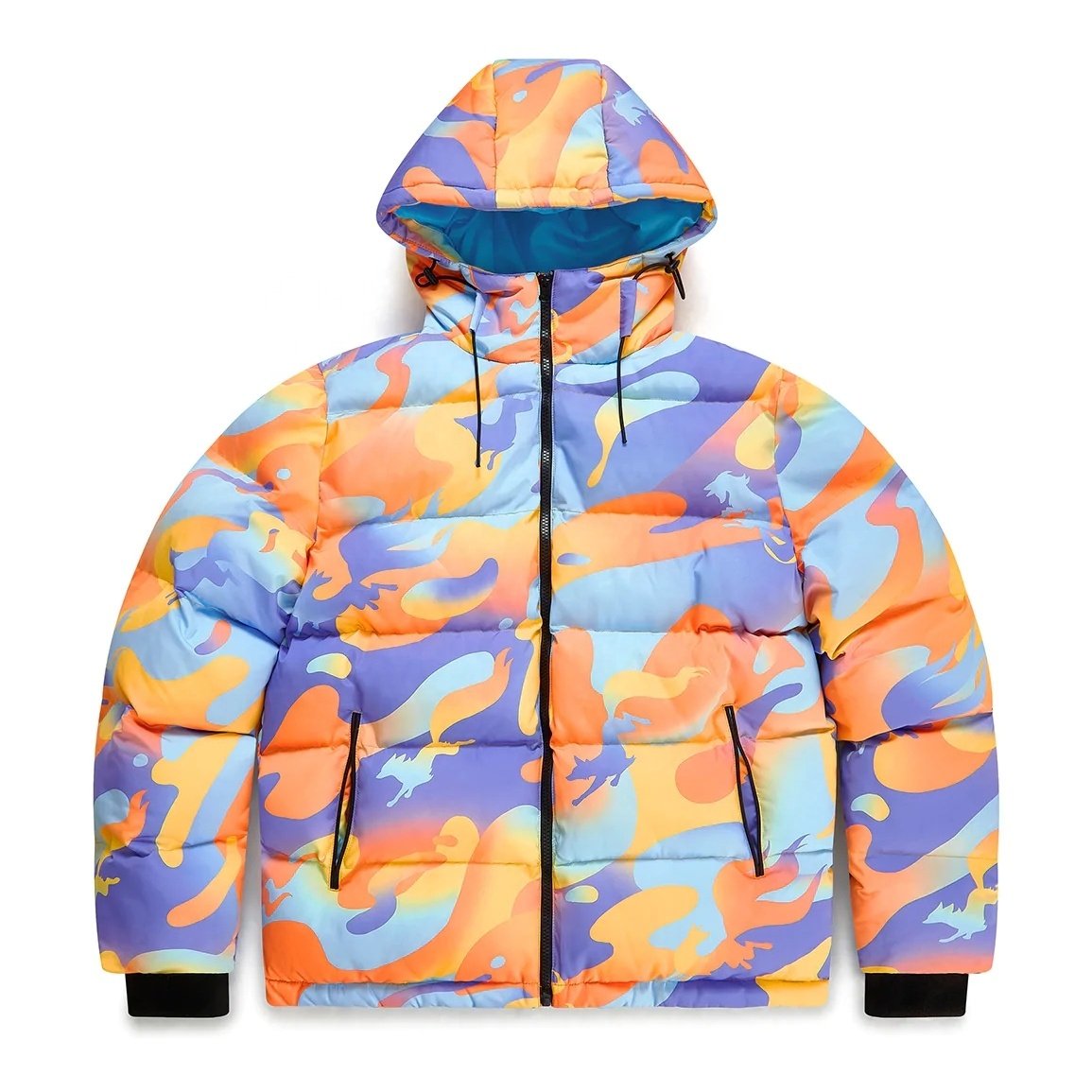 Hot sale men winter jackets colorful camo all over printed puffer jacket custom thick warm bubble coat men with hood