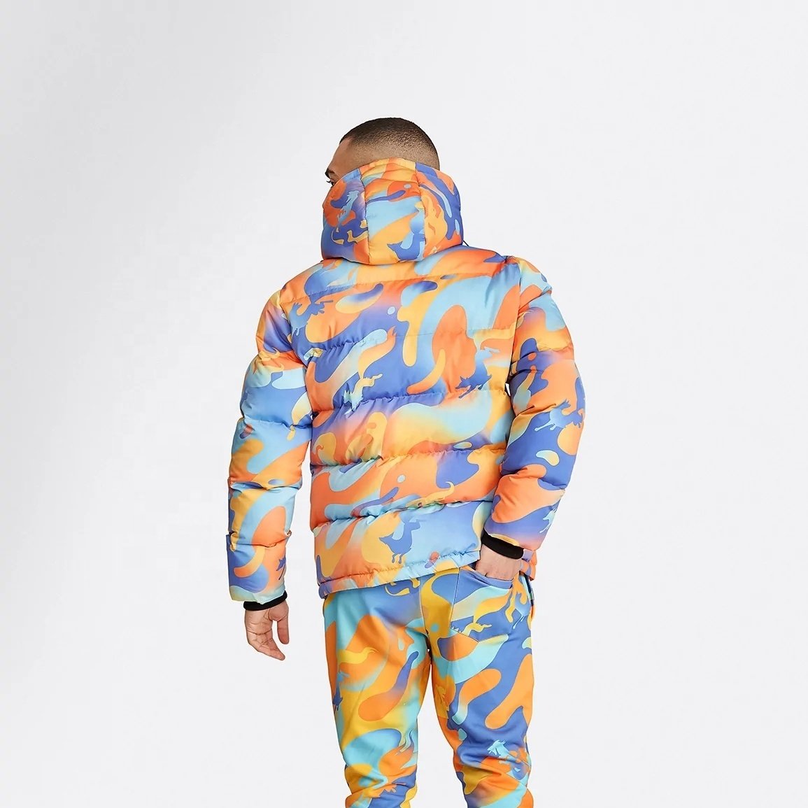 Hot sale men winter jackets colorful camo all over printed puffer jacket custom thick warm bubble coat men with hood