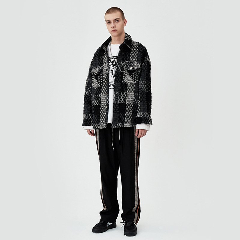 Autumn Men's Casual Woolen Plaid Blouson Retro Single-Breasted V-Neck Puffer Jacket Canvas Fabric