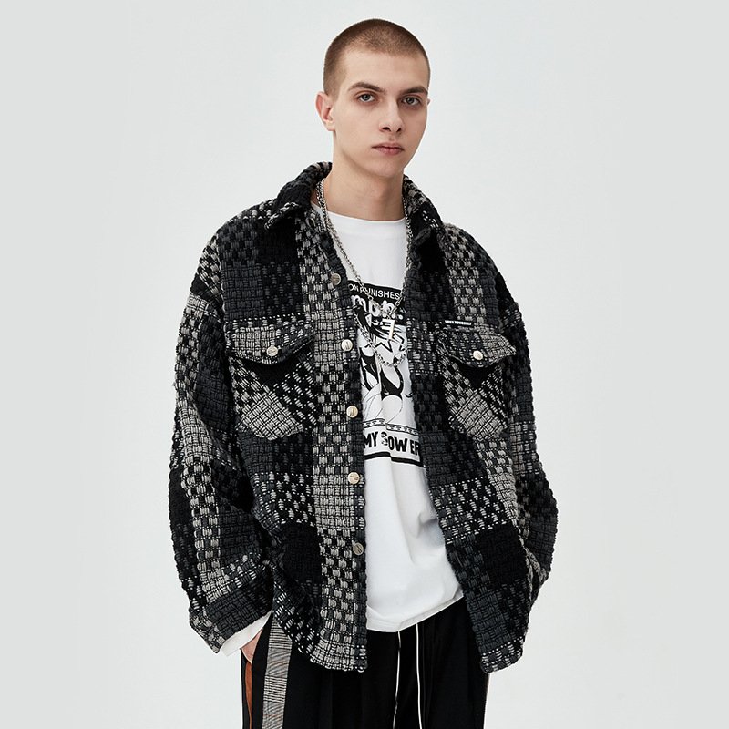 Autumn Men's Casual Woolen Plaid Blouson Retro Single-Breasted V-Neck Puffer Jacket Canvas Fabric