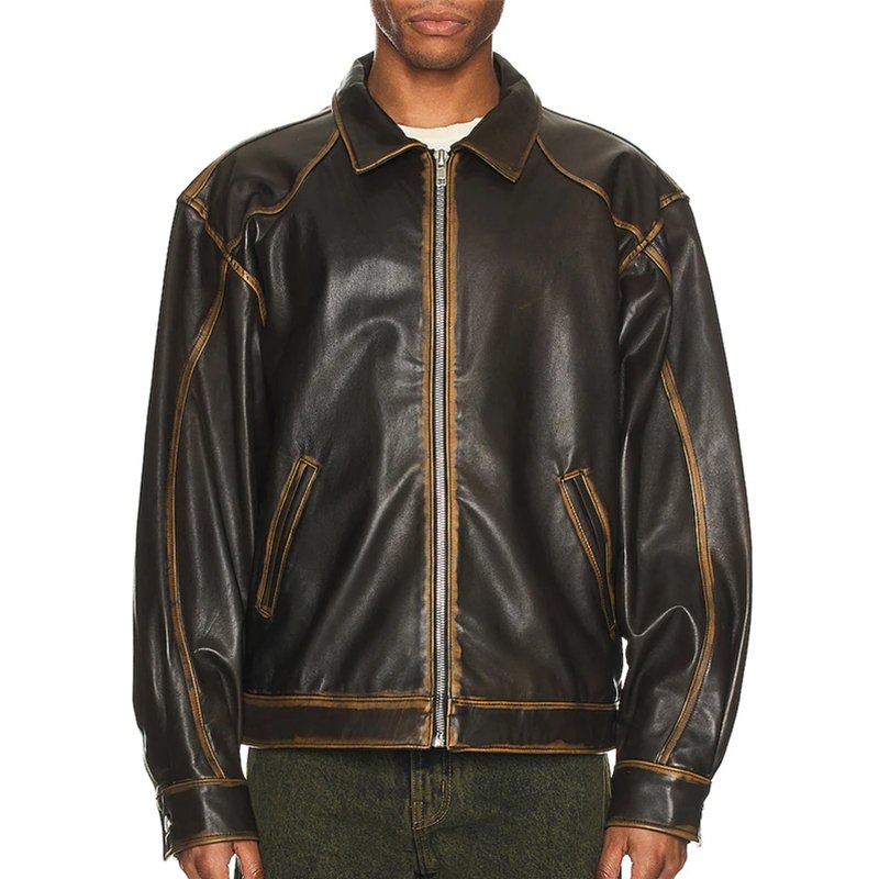 OEM custom Fading seams Throughout faux leather Jacket for Men