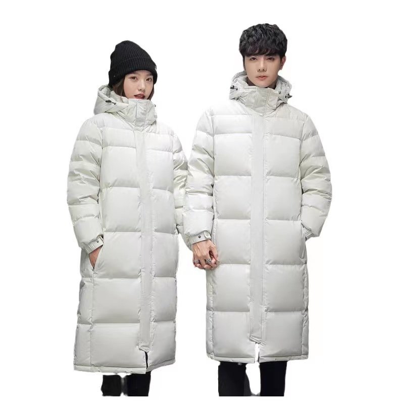 Men's medium length solid color white duck down over knee casual down jacket