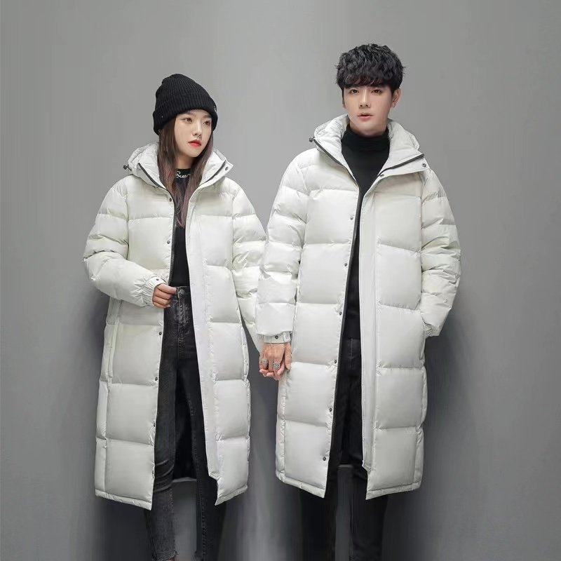 Men's medium length solid color white duck down over knee casual down jacket