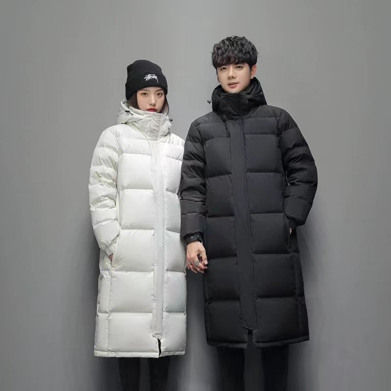 Men's medium length solid color white duck down over knee casual down jacket