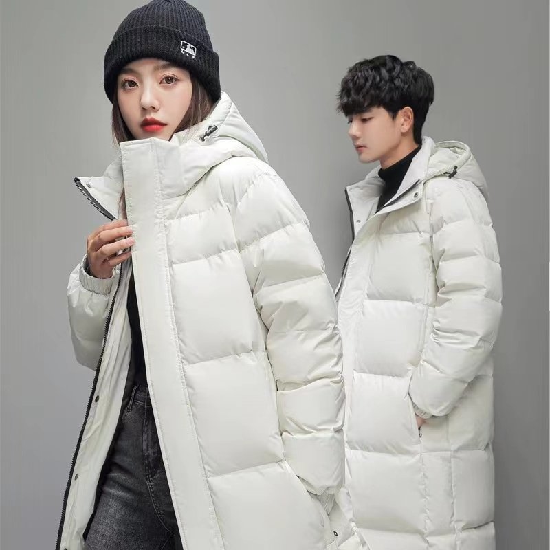 Men's medium length solid color white duck down over knee casual down jacket