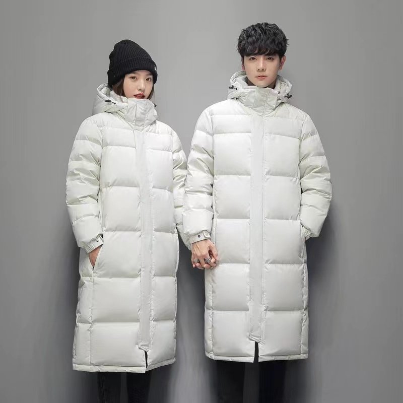 Men's medium length solid color white duck down over knee casual down jacket