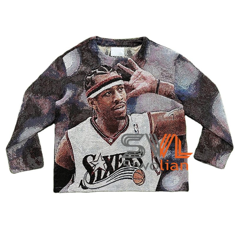 HipHop Streetwear woven tapestry crew neck blanket sweater Plus Size Men's Jacket tapestry sweater men anime tapestry sweater