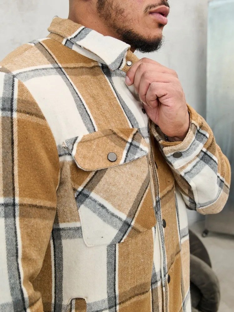 Men's new jacket with flannel long sleeved collar and loose fitting pocket men's jacket
