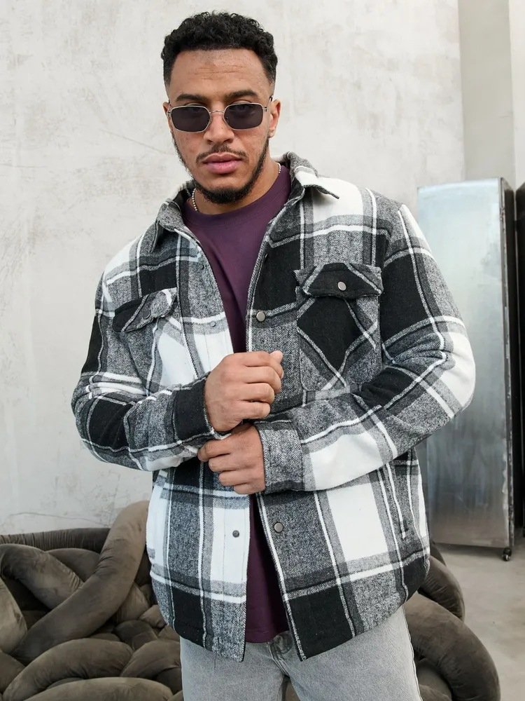 Men's new jacket with flannel long sleeved collar and loose fitting pocket men's jacket