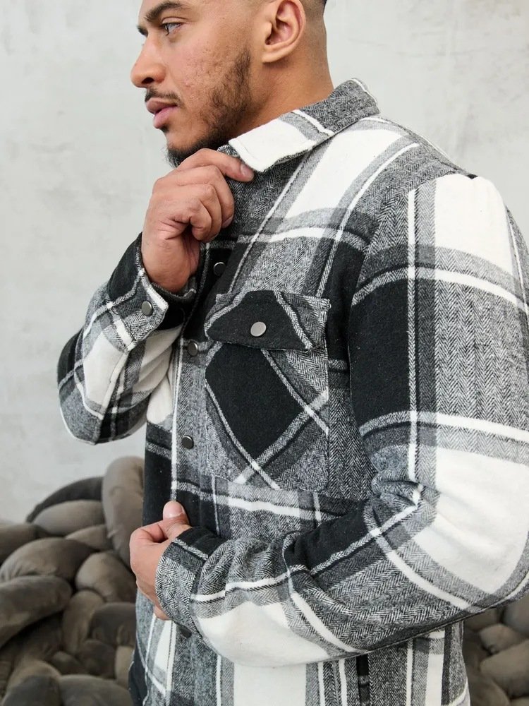 Men's new jacket with flannel long sleeved collar and loose fitting pocket men's jacket