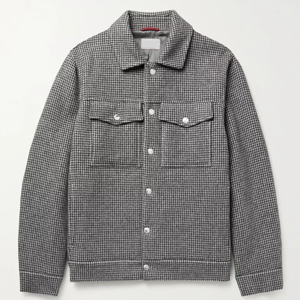 Lanwo Chest Patch Pocket Softshell Jacket For Men Custom Virgin Wool Cashmere Blend Checked Flannel Overshirt Jacket