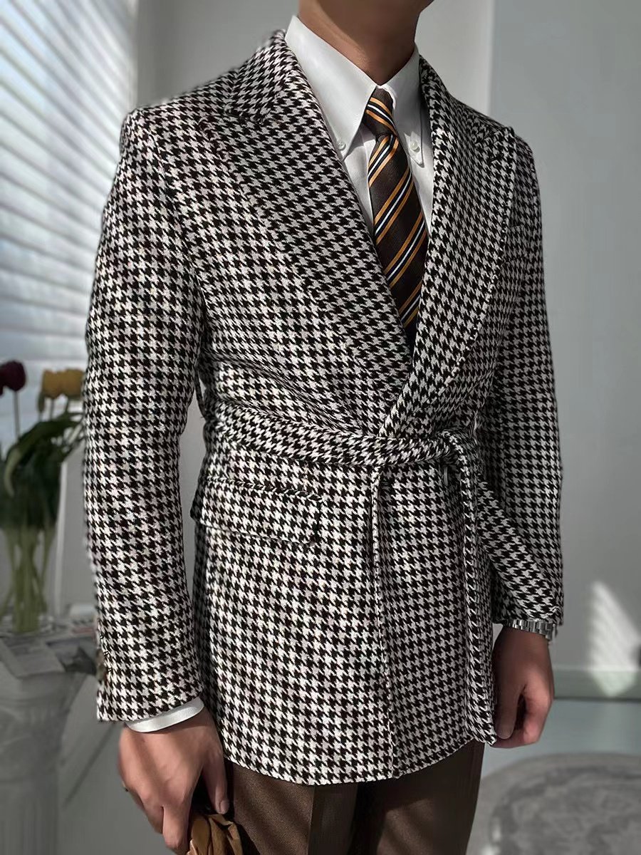 Custom high-quality wool men's classic black and white plaid jacket, business casual jacket short jacket, houndstooth plaid casu