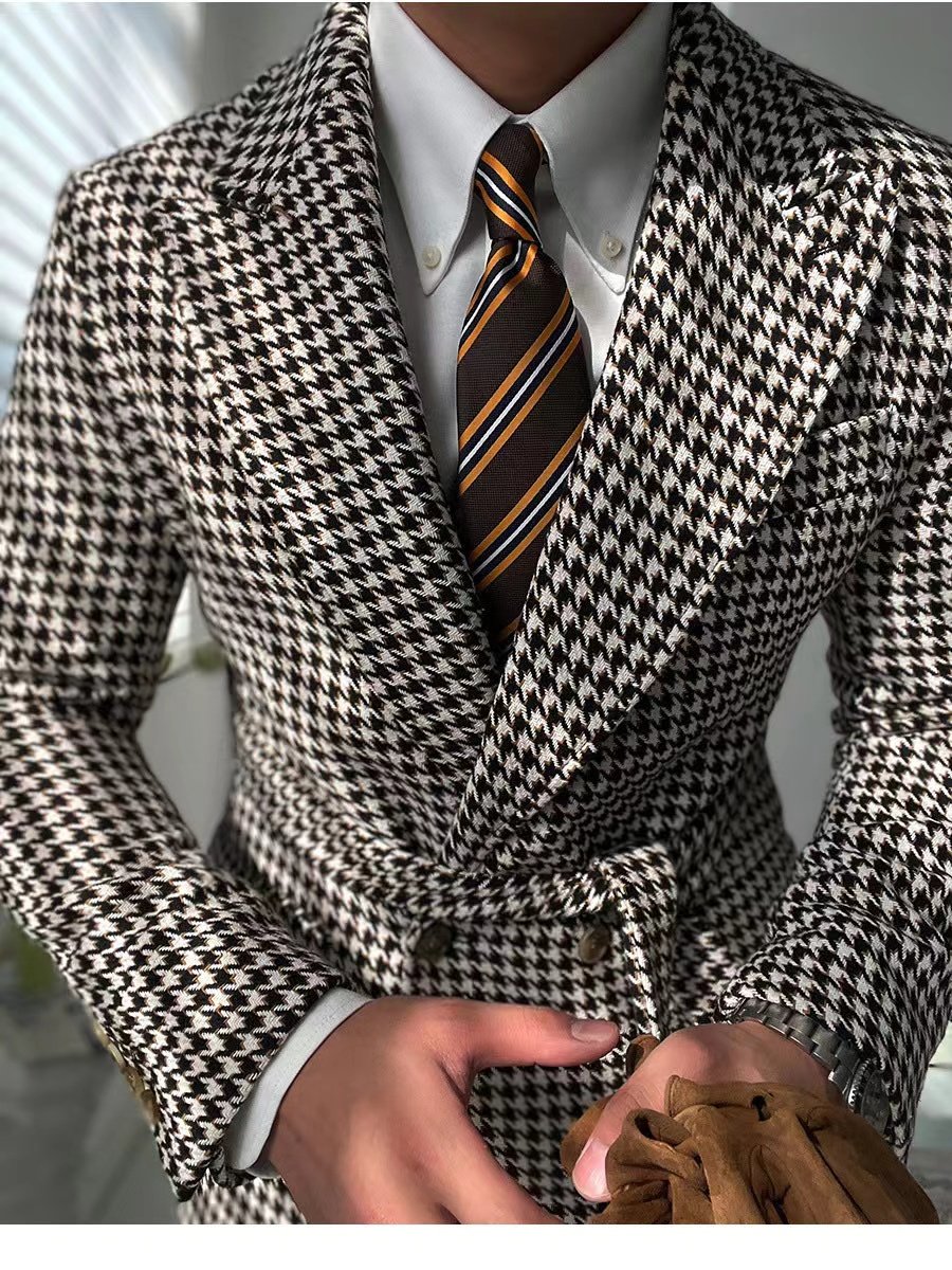 Custom high-quality wool men's classic black and white plaid jacket, business casual jacket short jacket, houndstooth plaid casu
