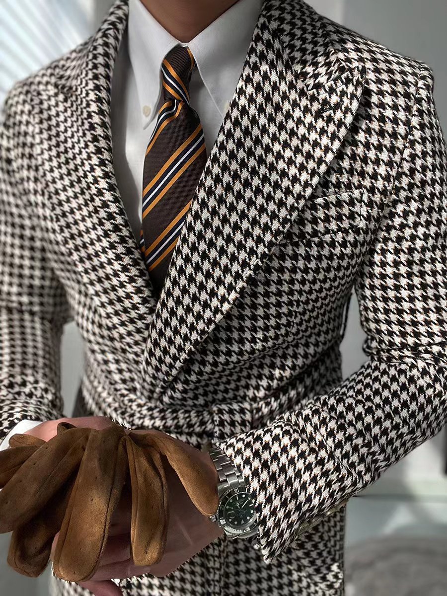 Custom high-quality wool men's classic black and white plaid jacket, business casual jacket short jacket, houndstooth plaid casu