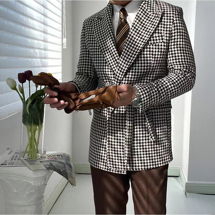 Custom high-quality wool men's classic black and white plaid jacket, business casual jacket short jacket, houndstooth plaid casu