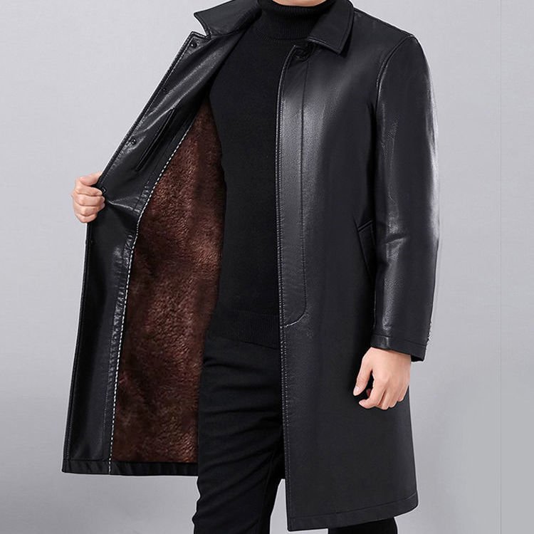 Men's Jackets Long Leather Men's Lapel Leather Coat Thickened Over Knee Leather Coat Men's Jackets