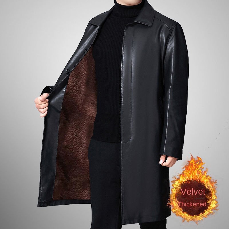 Men's Jackets Long Leather Men's Lapel Leather Coat Thickened Over Knee Leather Coat Men's Jackets