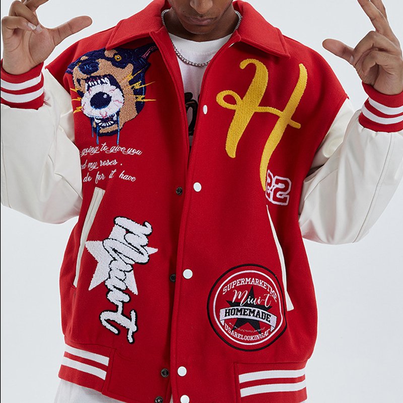 OEM Custom Leather Sleeve Cropped Jacket Chain Chenille Embroidery Vintage Letterman Varsity Jacket For Men