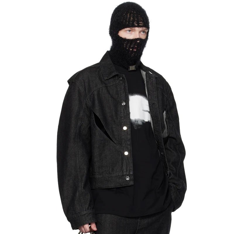 OEM logo denim custom designed open-eye Black Denim Jacket Jacket High Street casual biker men's jacket