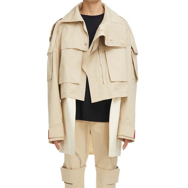 Oversize crop 2-in-1 parka mens casual jacket large flap-patch pockets half-zip placket removable vest