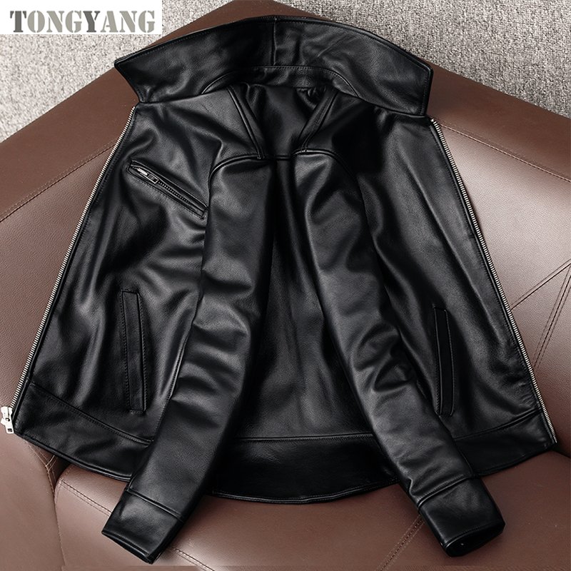 TONGYANG Black Casual Men Genuine Leather Jacket Man Lapel Short Coat Spring Autumn Soft Leather Jacket Real 100% Cowhide New