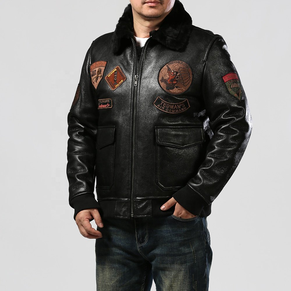 Original ecological fur sheep skin wool shearing men's black bomber genuine leather jacket thickened warm coat