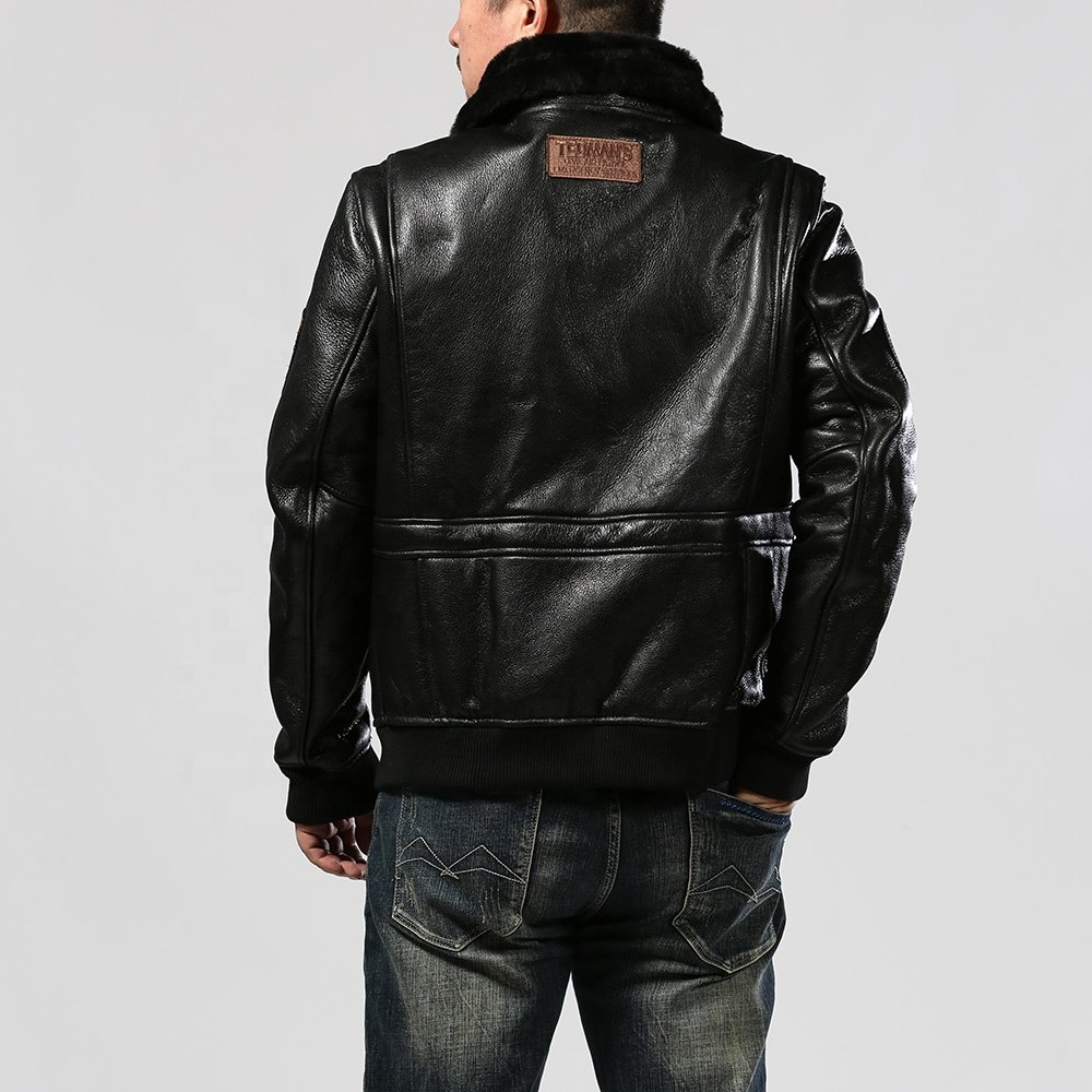 Original ecological fur sheep skin wool shearing men's black bomber genuine leather jacket thickened warm coat