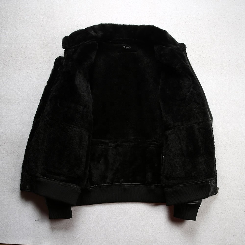 Original ecological fur sheep skin wool shearing men's black bomber genuine leather jacket thickened warm coat