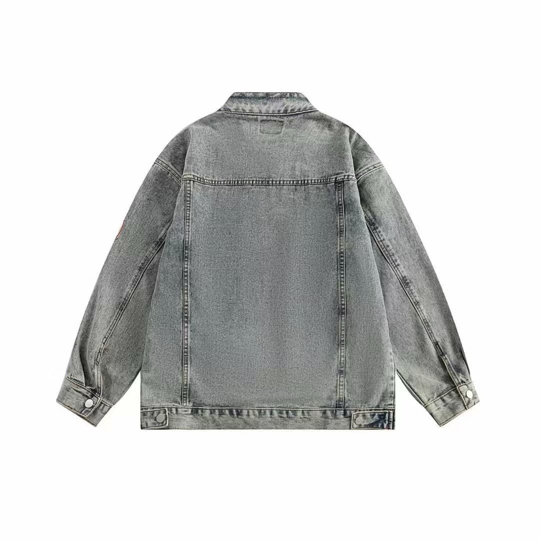Japanese vintage embroidered emblem trendy brand denim men's washed distressed stand-up collar cargo jacket