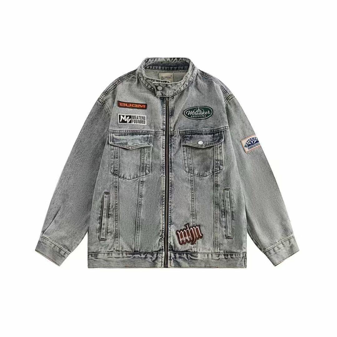 Japanese vintage embroidered emblem trendy brand denim men's washed distressed stand-up collar cargo jacket