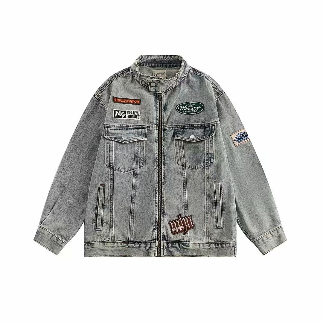 Japanese vintage embroidered emblem trendy brand denim men's washed distressed stand-up collar cargo jacket