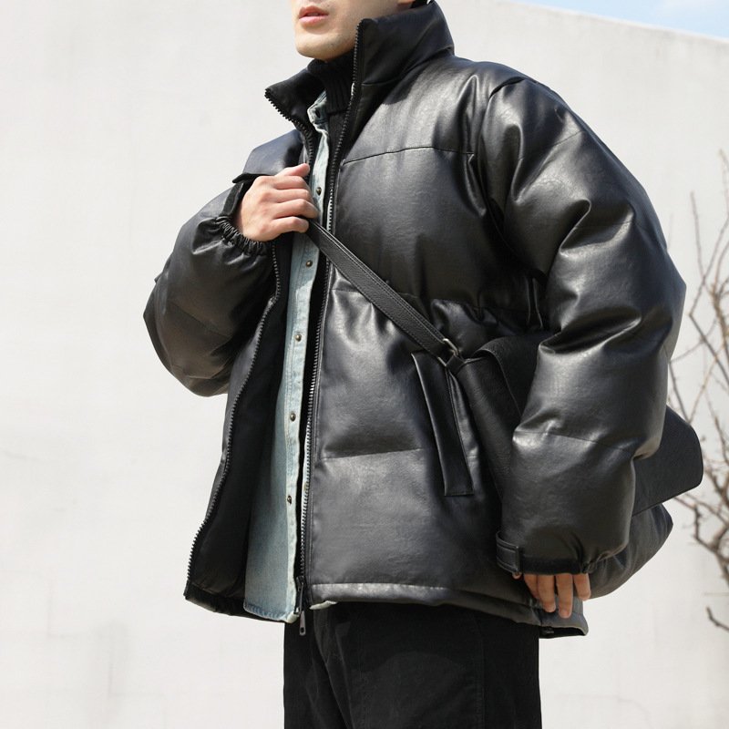 Men's Plus Size Quilted Bubble Winter Jacket Leather Stand Outdoor Windbreaker Cotton Padded Filling Pocket Wholesale New