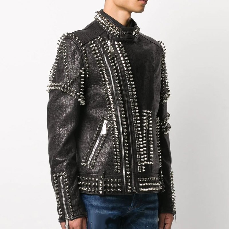 Custom Rivet Biker Men's Jacket PU Leather Distressed Authentic High Quality Material Parker Jacket for Men