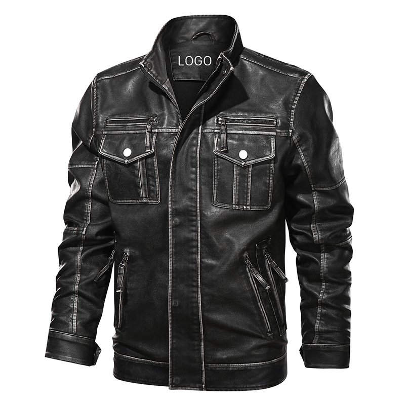 CARANFIER Men Jacket Stand Collar Front Pocket Multizipper Men Distressed Retro Motorcycle Leather Jacket Dropshipping Free LOGO