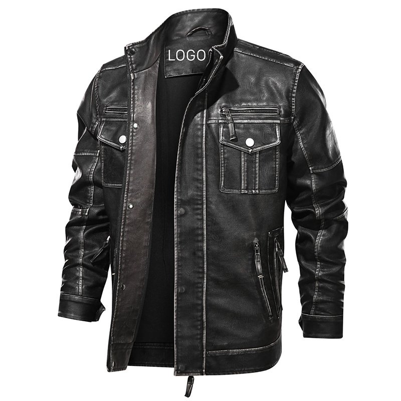 CARANFIER Men Jacket Stand Collar Front Pocket Multizipper Men Distressed Retro Motorcycle Leather Jacket Dropshipping Free LOGO