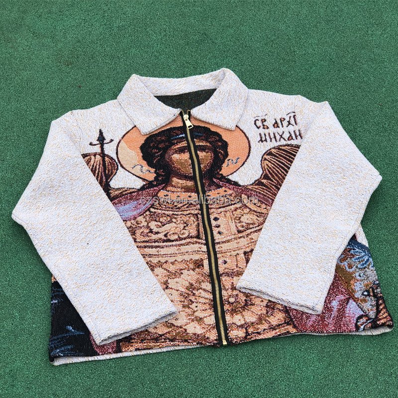 High Street Tapestry Hoodie Cotton Clothing Men's Streetwear Zip Up Silk Liner Jackets Woven Oversized Men's Coat